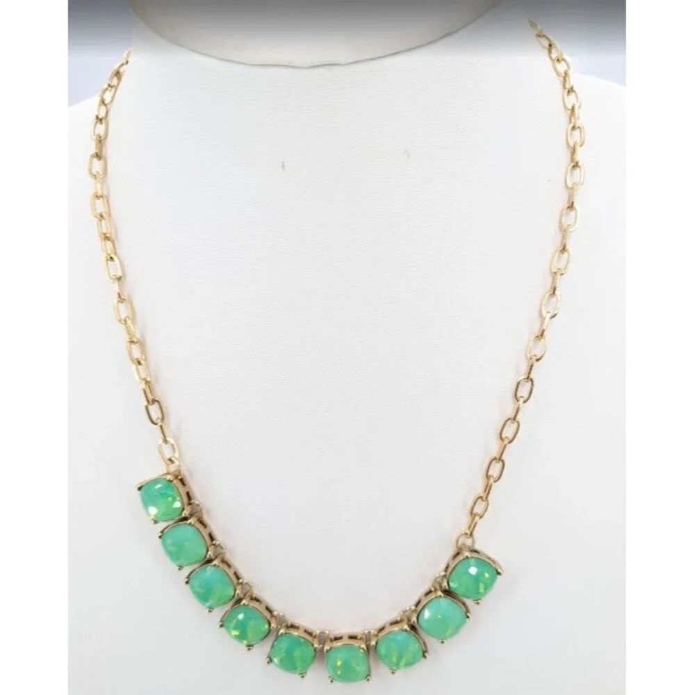 Express Aqua Opalescent Statement Necklace Gold Tone Green Faceted 9 Stone Bib